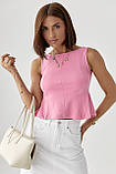 Трикотажний розкльошений жіночий топ рожева ошатна майка під піджак кроп топ на літо, фото 6