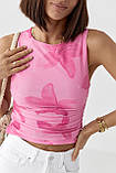 Сітчаста жіноча майка з принтом квітів рожевий топік жіночий літній в сітку розмір М, фото 5