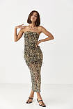Літнє облягаюче жіноче плаття міді сітка з відкритими плечима леопардове плаття без бретелей турецьке, фото 6