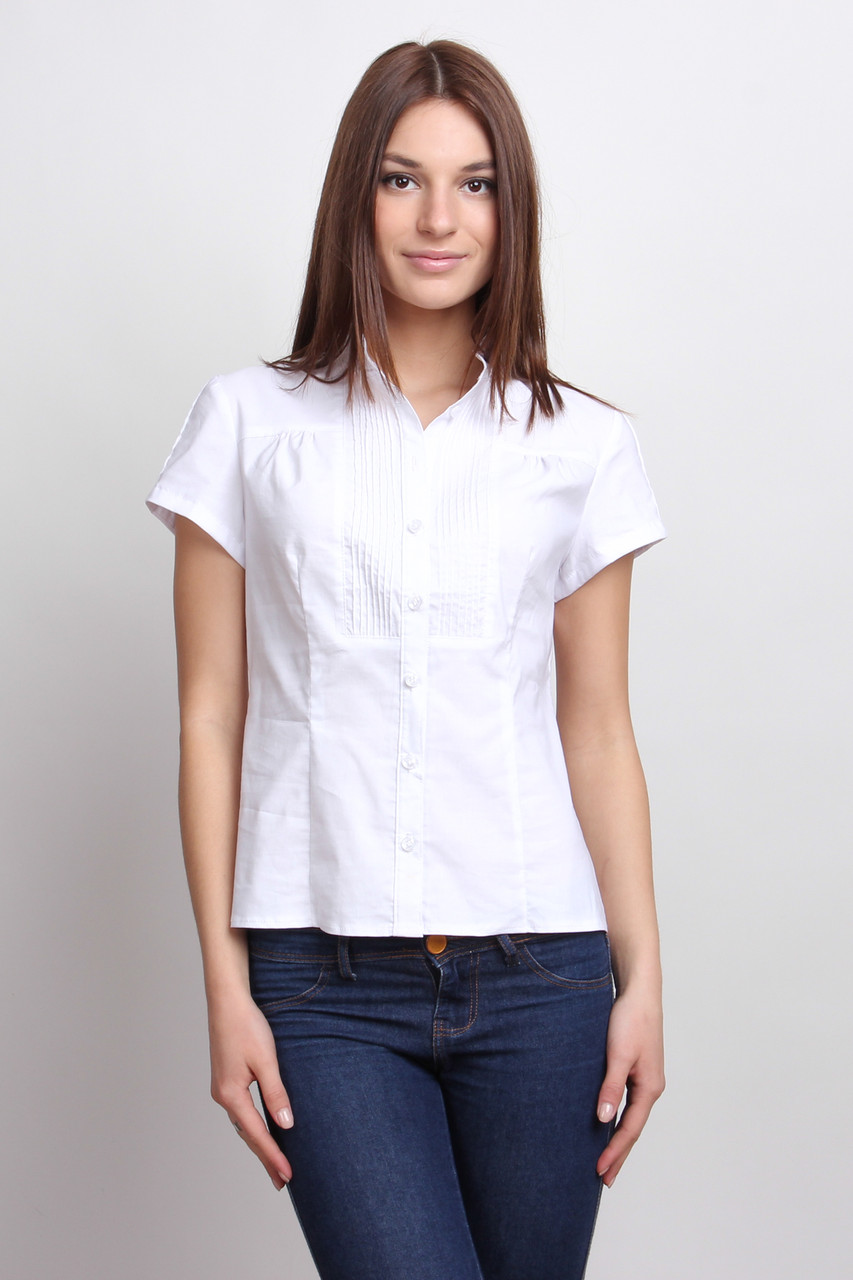 Блуза біла офісна з короткими рукавами, комір-стійка Р101, фото 1