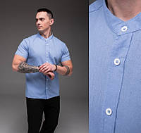 Льняная мужская рубашка голубая с коротким рукавом приталенная, Легкая рубашки мужские голубого цвета лён