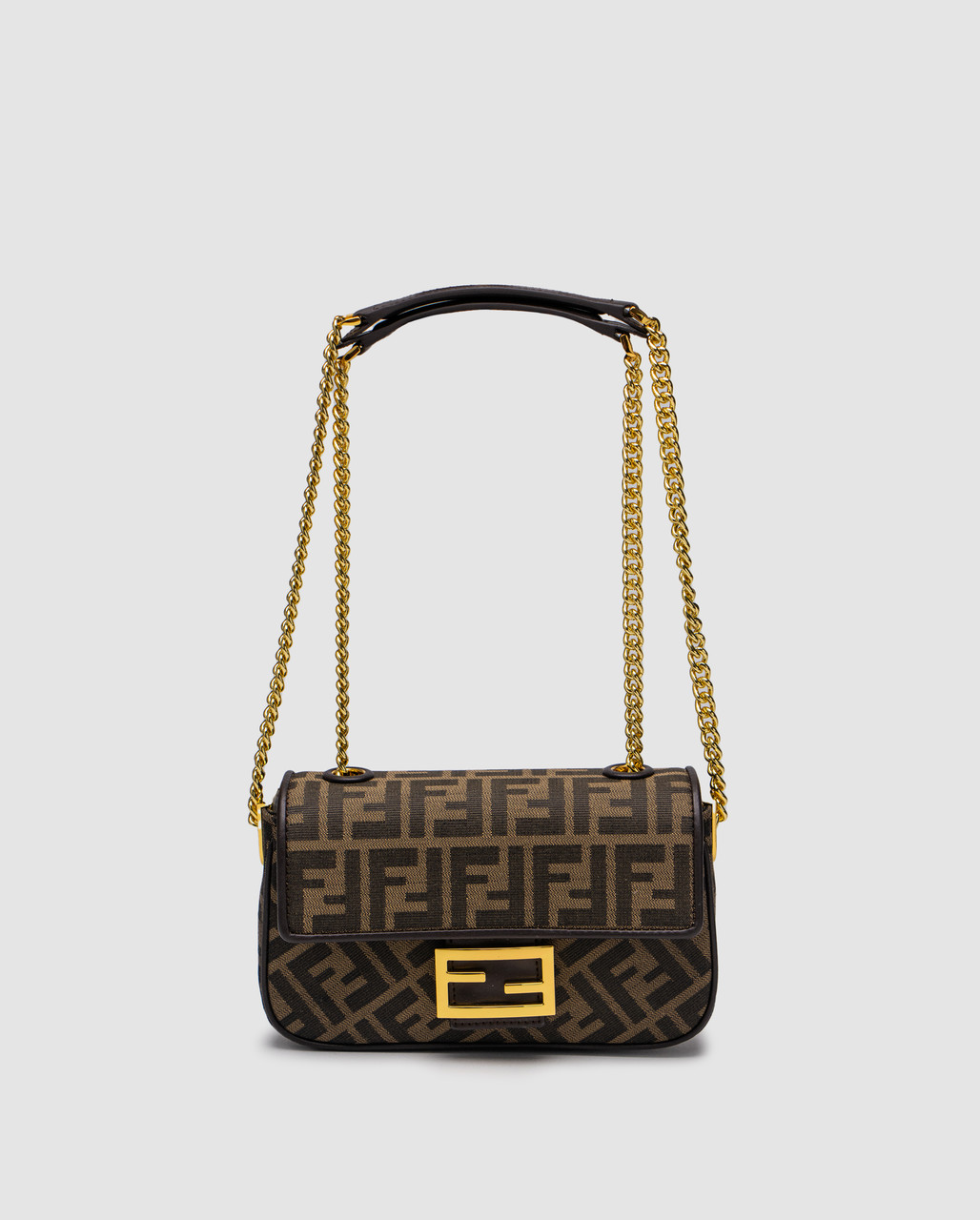 Жіноча сумка Fendi Brown FF Jacquard Fabric Baguette Chain Midi Bag, фото 1