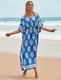 Туніка сукня пляжна синя довга з малюнком батал