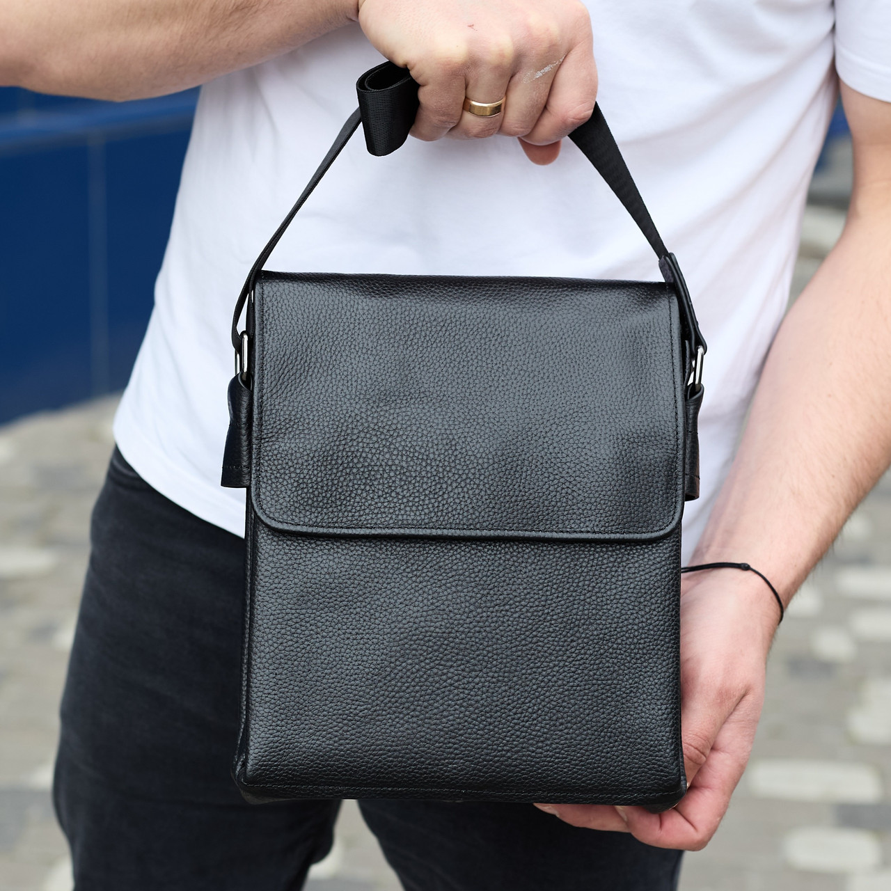 Сумка месенджер шкіряна барсетка для чоловіка чорна Tiding Bag 35775
