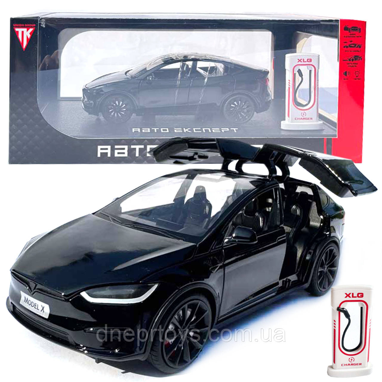 Машинка метал Tesla model X електрокар чорна Тесла 1:24 відкр двері баг капот звук світло 17,5*7,5*5,5см (EL 97188), фото 1