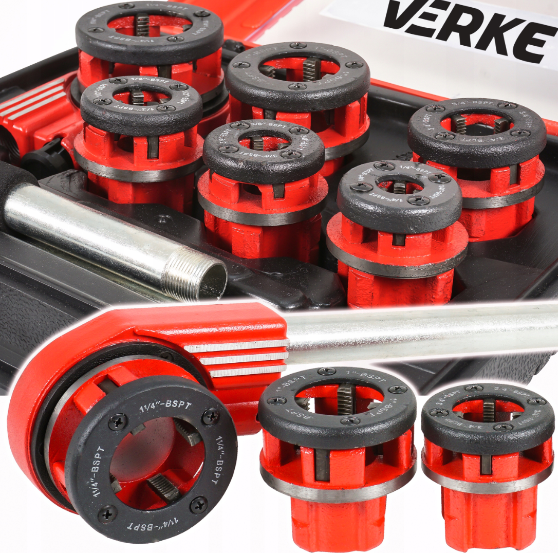 Клуп трубний зі змінними плашками (1/4”, 3/8”, 1/2”, 3/4”, 1”, 1-1/4”) у кейсі Verke V07516