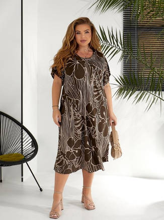 Жіноча сукня вільного пошиття в повномірному розмірі зі штапеля прикрашена принтом. Розміри XL, 2XL, 3XL, 4XL, фото 2