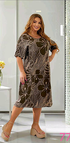 Жіноча сукня вільного пошиття в повномірному розмірі зі штапеля прикрашена принтом. Розміри XL, 2XL, 3XL, 4XL, фото 3