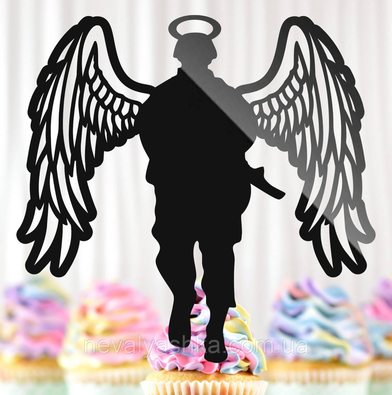 Пластиковий Топпер "Силует Янгол Солдат Військовий з Крилами" 12х12см Чорний Топпер з Акрилу у Квіти, Фігурка Полістирол Захиснику, фото 1