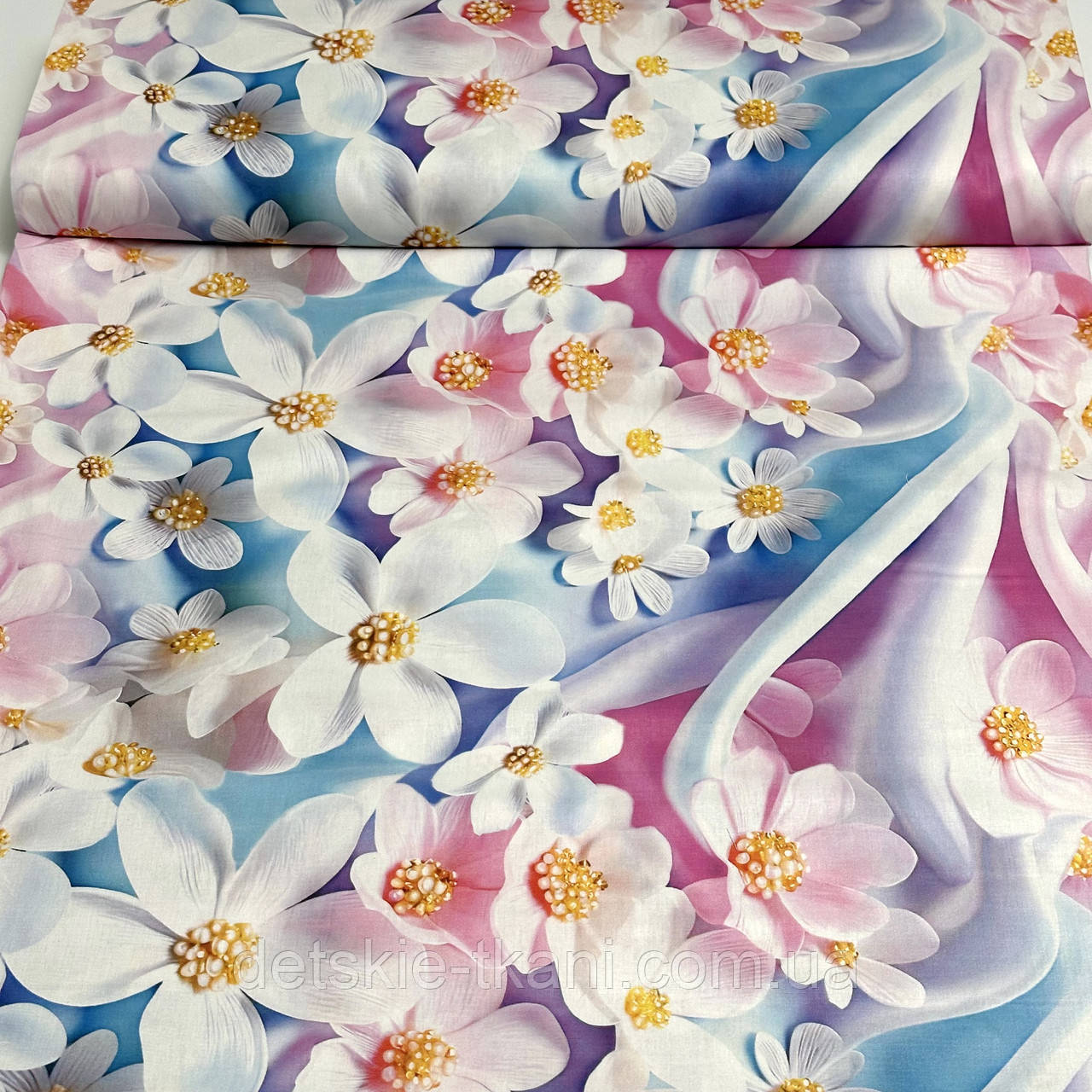 Ранфорс digital з цифровим друком "Ромашки із золотою серединкою на рожево-блакитному", №5640, фото 1