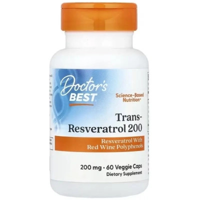 Вітамінно-мінеральний комплекс Doctor's Best Ресвератрол, 200 мг, Trans-Resveratrol 200, 60 вегетаріанських капсу (DRB-00211)