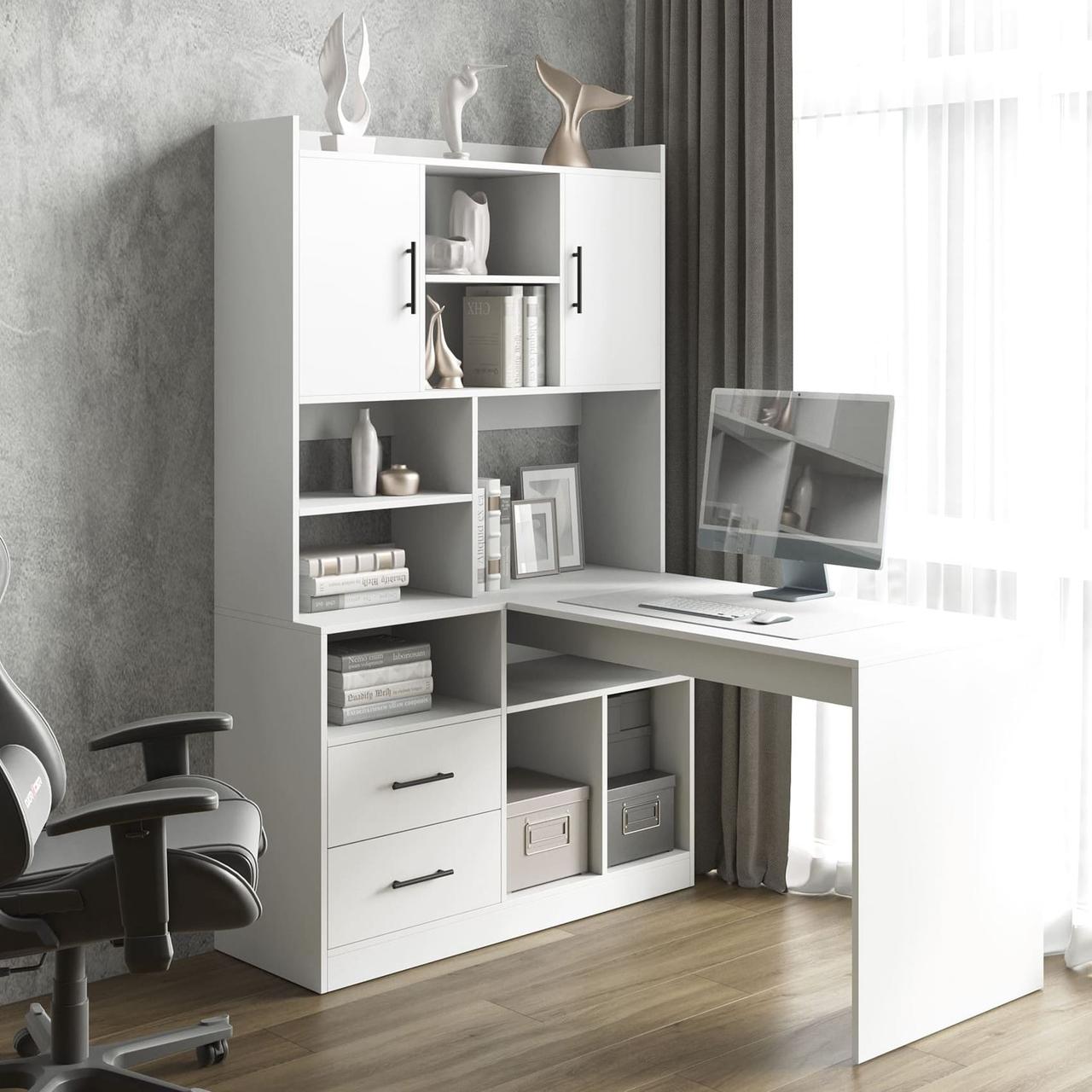 Письмовий стіл зі стелажем збоку Стильні комп'ютерні столи з висувними шухлядами з Ламінованого ДСП, фото 1