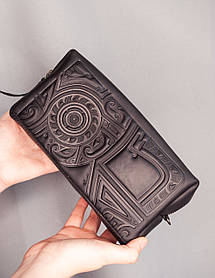 Велика чоловіча шкіряна косметичка чорна з тисненням Плин Часу