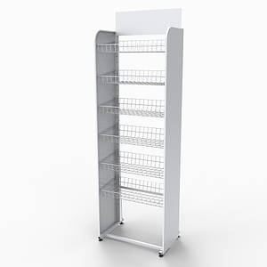 Торговий сітчастий стелаж Єва-60 з рекламними панелями на 6 сітчастих кошиків, білий