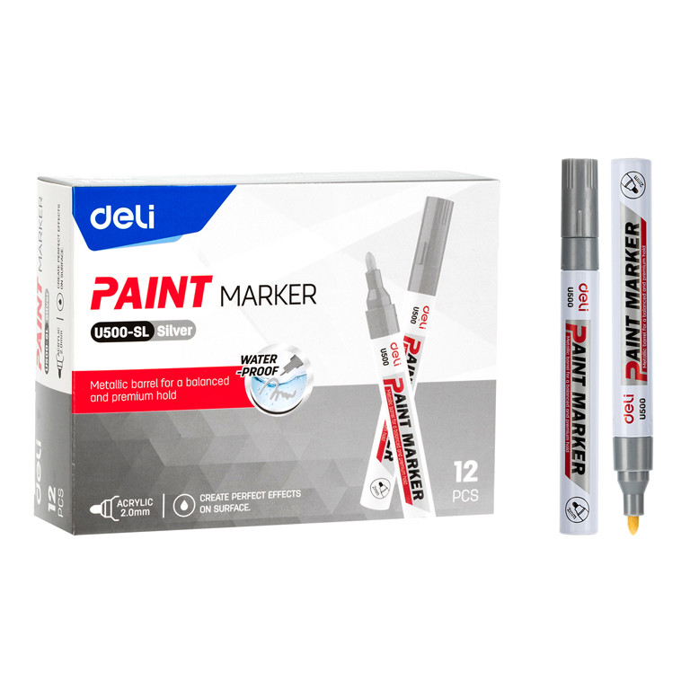 Маркер-фарба, Маркер перманентний Deli EU500 срібло, товщиною 2мм, кулеподібний