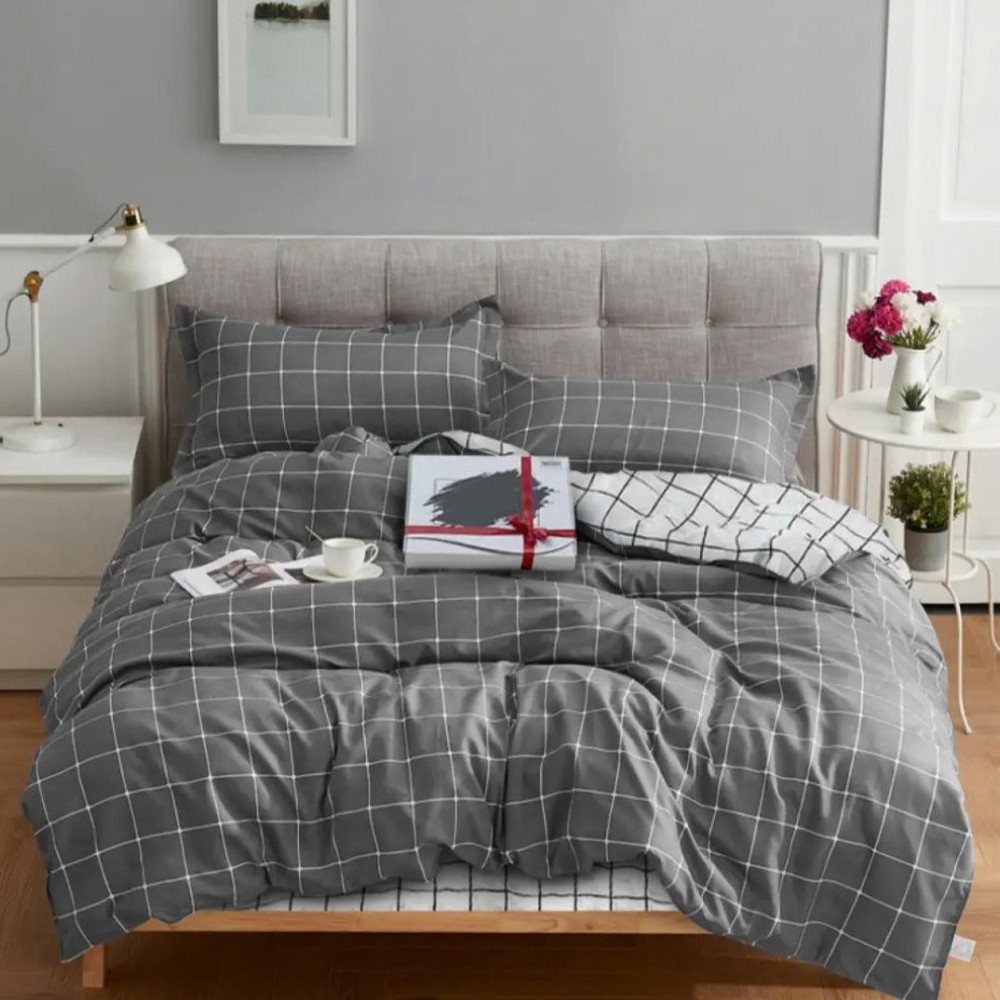 Сірий євро максі набір постільної білизни з геометричним малюнком 200*220 з Бязі Gold Черешенька TM