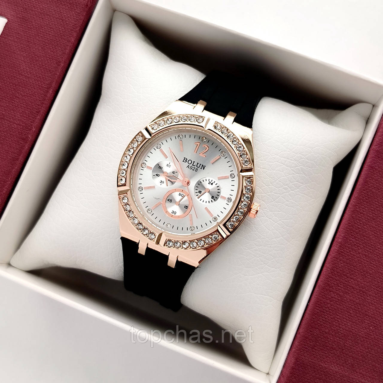 Жіночий наручний годинник Bolun чорний зі сріблястим, золотий корпус, м'який силіконовий ремінець, код - 2549b, фото 1