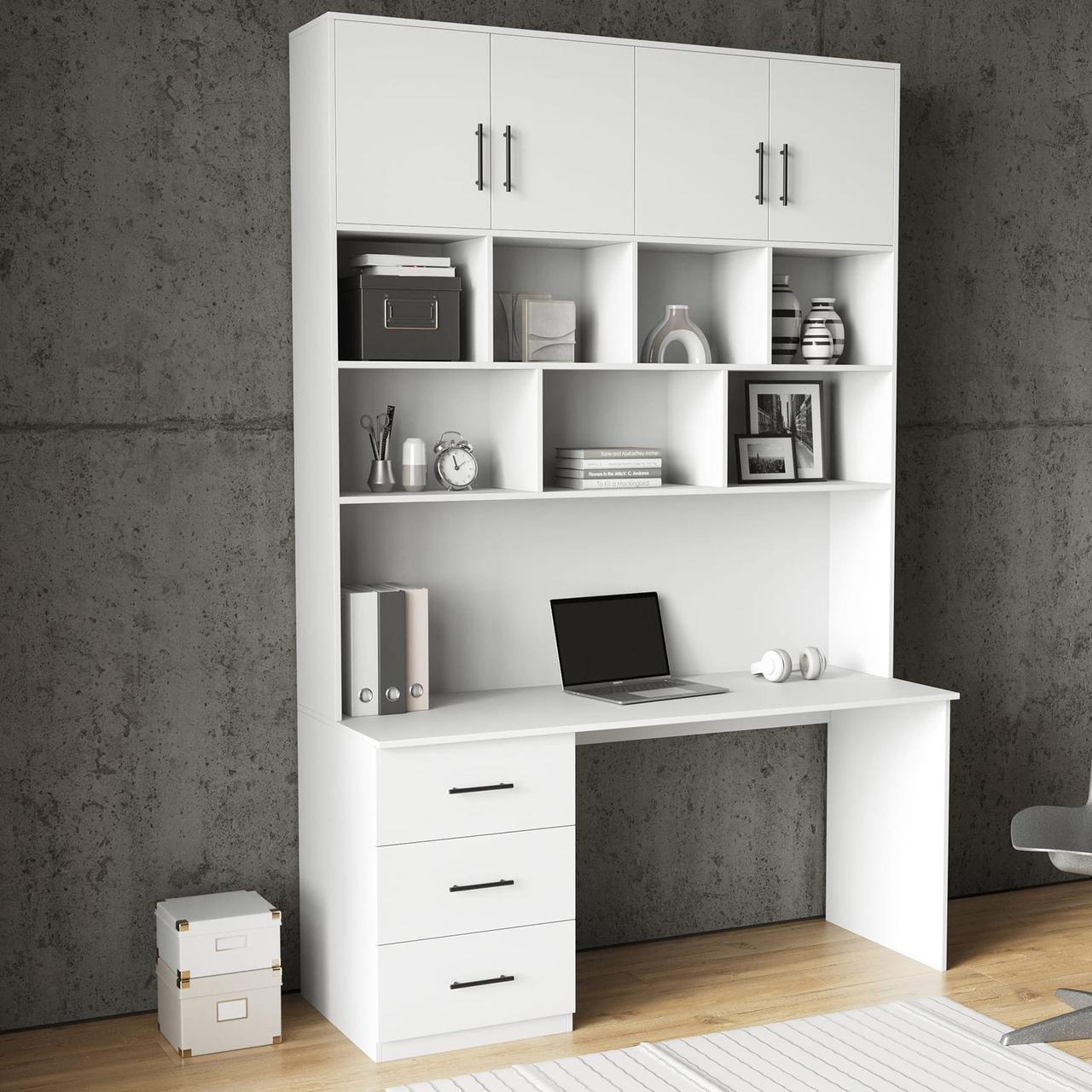 Письмовий стіл з надбудовою з ЛДСП на 14 відділень Комп'ютерний стіл-стелаж однотумбовий 160 см, фото 1