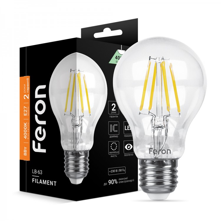 Світлодіодна лампа Feron Filament LB-63 8Вт E27 A60 800Lm 4000K нейтральне світло, фото 1