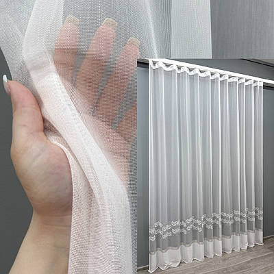 Готова тюль (3х2,7м.) з тканини бамбук з вишивкою і люрексом. Колір білий з сірим. Код 1702т 42-0717