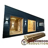 Thermowood Production in Zhitomir: Flaggschiff-Sauna 7,0 x 3,2 m mit Dusche, WC und Ruheraum – bewährte Qualität! Video