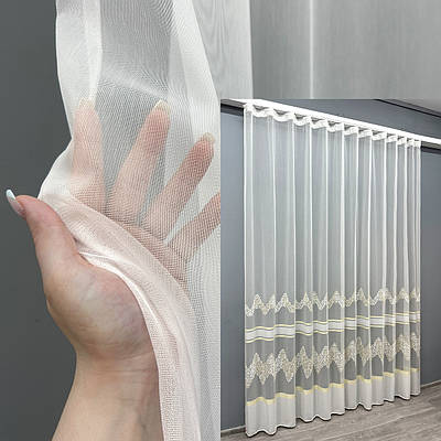 Готова тюль (3х2,7м.) з тканини бамбук з вишивкою і люрексом. Колір молочний з золотистим. Код 1700т 42-0709