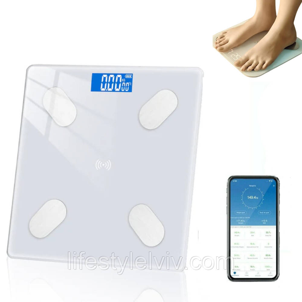 Електронні ваги підлогові 26x26 см, до 180 кг, Білі / Розумні ваги підлогові, фото 1