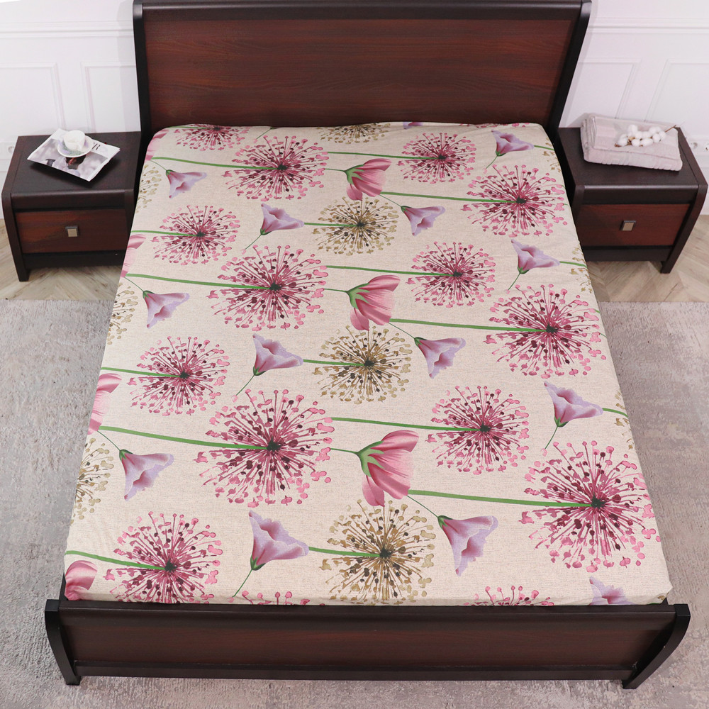 Міцне натяжне простирадло гумка односпальне із бязі бежеве (90*200*25) захисне бавовняне з квітковим принтом