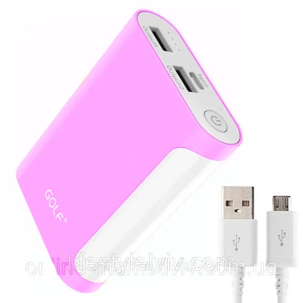 Повербанк 7500 мА·год з індикатором заряду (2хUSB), Golf, Рожевий/Power Bank/ Портативний зовнішній акумулятор, фото 1
