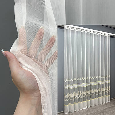 Тюль бамбук з вишивкою та люрексом. Колір молочний з золотистим. Код 1705т