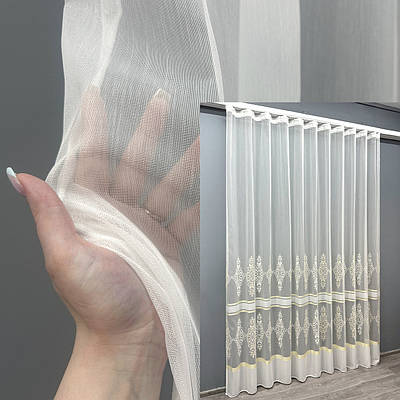 Готова тюль (3х2,7м.) з тканини бамбук з вишивкою і люрексом. Колір молочний з золотистим. Код 1710т 42-0712