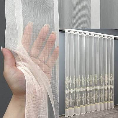 Готова тюль (3х2,7м.) з тканини бамбук з вишивкою і люрексом. Колір молочний з золотистим. Код 1707т 42-0711