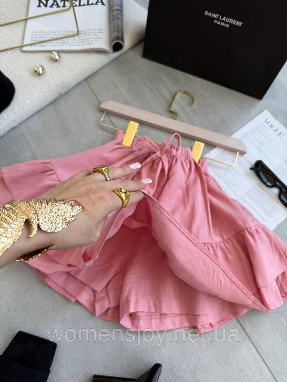 Женская короткая юбка-шорты из льна розовая летняя на резинке высокая посадка 42-44 46-48 Пудровый, 46/48 - фото 1 - id-p2645187816