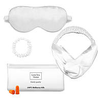 Шовковий набір Маска для сну, повязка на голову, гумка для волосся, беруші та косметичка Love You Білий 100%