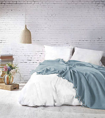 Покривало з бахромою Saheser Mona 100% хлопок 220×240см бірюзовий