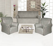 Набір чохлів на диван 3-місний і 2 крісла велюр сірий Love You