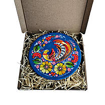 Дерев'яна тарілка 15 см  "Синя з пташкою", подарункове пакування , з авторським петриківським розписом, фото 4