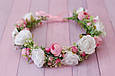 Вінок на голову / віночок для волосся з квітами та зеленню біло-рожевий 837, фото 4