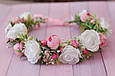Вінок на голову / віночок для волосся з квітами та зеленню біло-рожевий 837, фото 2