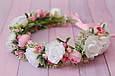 Вінок на голову / віночок для волосся з квітами та зеленню біло-рожевий 837, фото 5