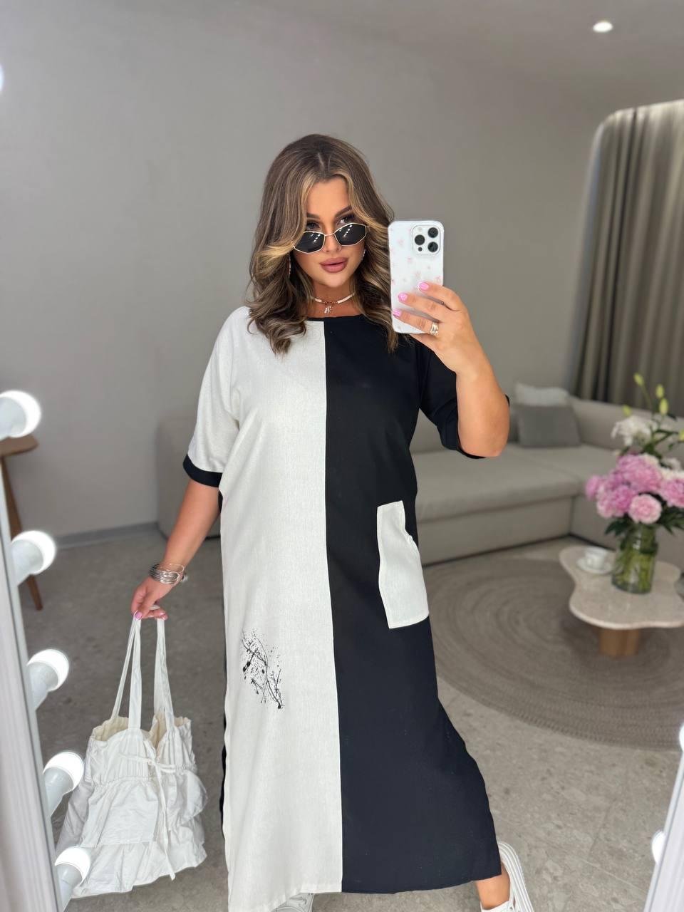 Чорно-молочна довга літня лляна сукня вільного крою, фото 1