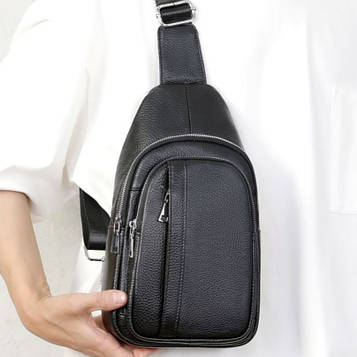 Чоловіча шкіряна сумка-бананка на одне плече 18х32х7, рюкзак слінг для телефону та дрібниці TIDING BAG 83228 чорний
