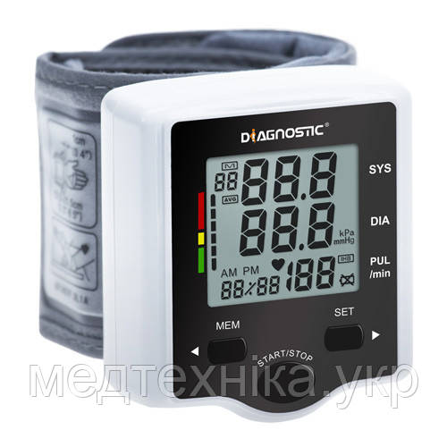 Тонометр автоматичний на зап'ястя Diagnostic DR-505 IHB+ з індикатором аритмії, пам'ять на 90 вимірювань, Польща