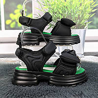 Босоніжки дитячі для дівчинки LiLin чорні з зеленим на платформі 5857