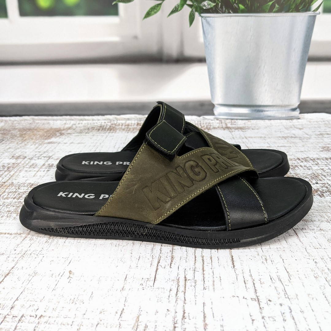 Шльопанці чоловічі King pride чорні з оливковим шкіряні 3961, фото 1