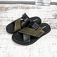 Шльопанці чоловічі King pride чорні з оливковим шкіряні 3961, фото 4