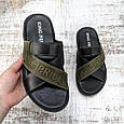Шльопанці чоловічі King pride чорні з оливковим шкіряні 3961, фото 5