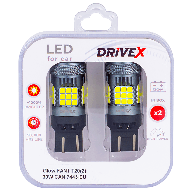 Комплект світлодіодних LED ламп DriveX Glow FAN1 T20(2) 9-48V 30W CAN 3000Lm 7443/W21/5W Ø16 мм EU