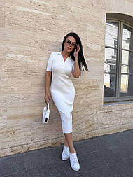 Жіноче трикотажне плаття-поло в рубчик із розрізом, універсальний розмір 42-48, Туреччина