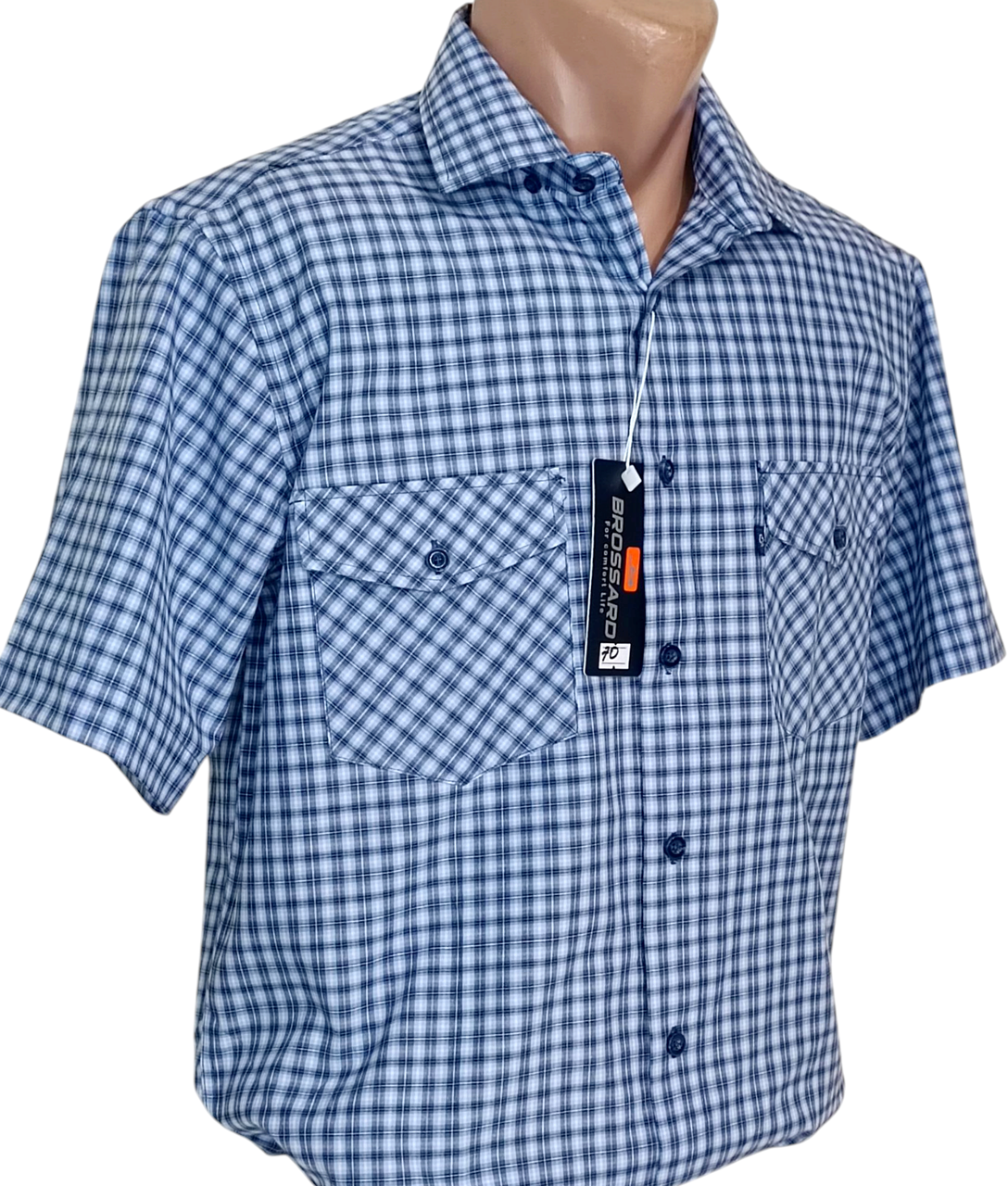 Чоловіча сорочка Brossard vk-0070 синя в клітинку класична бавовна з коротким рукавом, теніска натуральна